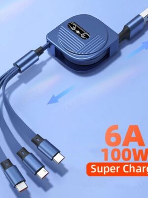 100W Universal USB Charger 3 in 1 Cable Retractable Portable Charging Cable 6A for Huawei iPhone 14 Samsung Fast Charger Cord