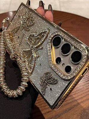Glitter Butterfly Cases Samsung S25 Ultra Hand Lanyard Cover For Galaxy S24Ultra S23 FE Plating Soft Anti-drop Case