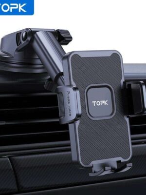 TOPK Car Phone Holder Mount – 360° Rotation Adjustable, One Button Release for Dashboard/Windscreen, Fit 4.0-7.0 Inch Phones