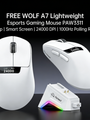Freedom Wolf A7 Tri-Mode Mouse – Lightweight PAW3311 Gaming, Wireless Bluetooth with Screen & RGB Charging Base