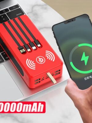 Solar Power Bank 30000mAh PD18W Fast Charging Wireless Charger Powerbank Built in Cable Portable External Battery For Smartphone