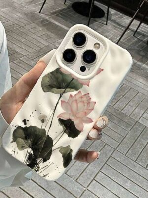 Korean Spring Lotus Prints Phone Case For iPhone 17 16 15 13 12 11 Pro Max 14 Plus 17Air Wrinkle Wave Soft Silicone Cover