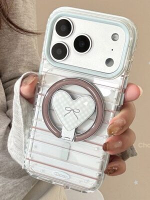 Heart Magnetic Stand Case for iPhone 17 Pro Max/16/15 – Blue & Brown Bow Korean Style Soft Cover