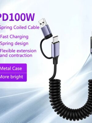 PD 100W Spring Coiled Type C Fast Charging Cable 2 in 1 USB A/Type-C To USB C Data Cabo Digital Display For iphone16 Huawei