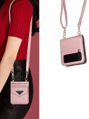 Side stick card bag PU leather phone Cover for Samsung Galaxy Z Flip 3 Z Flip 4 5 With shoulder strap