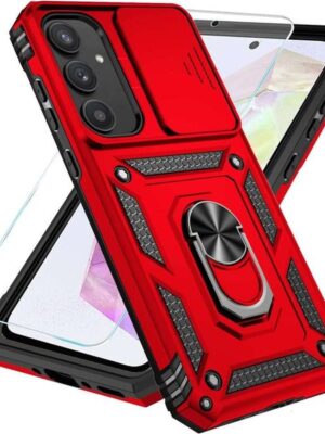 HD Screen Protector Slide Camera Cover Kickstand, 5G Military-Grade Phone Case for Samsung Galaxy A35 Red