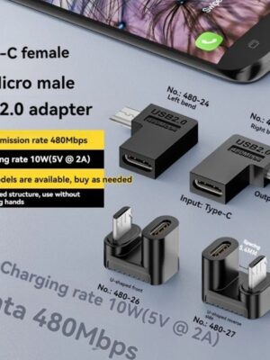 USB 2.0 Type-C Female to Micro-USB Male 90 Degree Left/Right Angle U Shape 5V2A Charging Connector for Android Phone Tablets