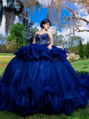 Navy Blue Shiny Ball Gown Quinceanera Dresses Applique Lace Beading Crystal Tiered Tull Corset Off Shoulder Sweet 16 Dress Vestidos 15 De Anos