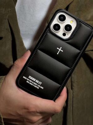 Bible Verse Cross Case Puffer Jacket Texture Leather Cover Protection for iPhone 17 Max/13 Pro Max Shockproof phone case