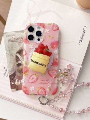 Sweet Strawberry Magnetic Phone Case for iPhone 15 Pro 17 Max 16 Fundas With Magsafe 3D Stand and Chain Cover Capa