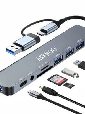 AKKHOO Docking Station for Laptop,8-in-2 USB C Hub Adapter,USB 3.0/2.0, SD/TF Card Reader,3.5mm Aux,Audio for MacBook/Dell/HP