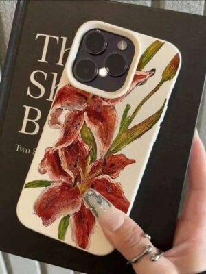 Oil Painting Wind Red Lily Pattern Lychee Texture Silicone Phone Case For iPhone 11 12 13 14 15 16 Pro Max Plus 17 Air Cover