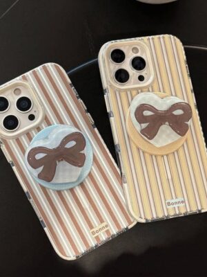 Korean Striped Love Heart Plaid Rotating Bowknot Magnetic Bracket Phone Case for iPhone 17 16 15 14 13 Pro Max Shockproof Cover ddmythur