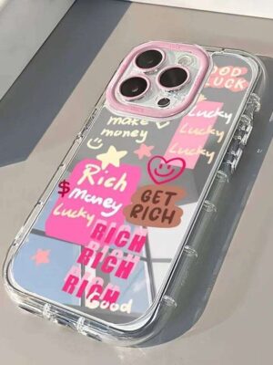 Pink Lucky Wealth Letter Pattern Mirror Phone Cases For iPhone 17 Air 16 15 14 13 Pro Max 12 11 X XR XS 7 8 Plus 16E Girl Cover