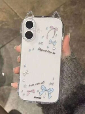 Simple Bow Tie Phone Case For iPhone 17 Air 16 15 14 11 13 12 Pro Max XSMax XS XR X Fashion Cat Ear Soft Back Cover