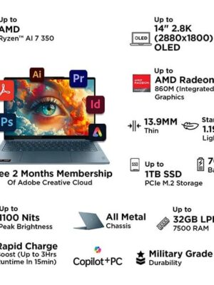 Lenovo Yoga Slim 7 Gen 10, 35.56cms Copilot+ PC, Tidal Teal – Laptop – AMD Ryzen™ AI 5 340 – 512 GB SSD – 16 GB RAM – 35.56cms | 83JYCTO1WWIN1
