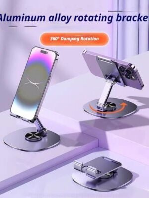 Rotating metal folding phone tablet stand – Lazy person's live video phone holder – Suitable for bedroom, kitchen and living room – iPhone compatible