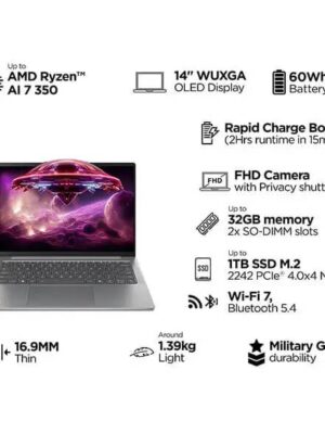 Lenovo IdeaPad Slim 5 14″ – AMD Ryzen 7, 24 GB RAM, 1TB SSD, Luna Grey – Laptop – AMD Ryzen™ AI 7 350 – 1 TB SSD – 24 GB RAM | 83HXXA02IN