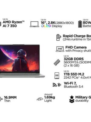 Lenovo IdeaPad Slim 5 16 – AMD Ryzen 7, 32 GB RAM, 1TB SSD, Luna Grey – Laptop – AMD Ryzen™ AI 7 350 – 1 TB SSD – 32 GB RAM | 83HYR000R0