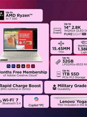 Lenovo Yoga 7 Copilot+ PC, Seashell – Laptop – AMD Ryzen™ AI 7 350 – 1 TB SSD – 24 GB RAM – 14 in – Windows 11 Home | 83JRX00BR1
