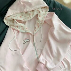 Long Thin Cat Pattern Floral Sleeve Zippered Hoodie Women's Spring and Summer Japanese Style Cute Open Cardigan Loose Top L260807
