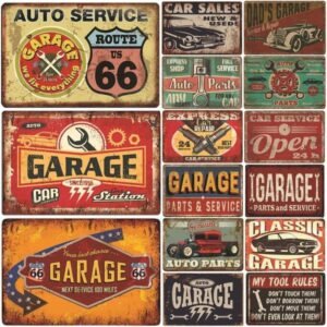 Highway 66 Car Metal Dad Garage Metal Tin Logo Poster Retro Tinplate Retro Grid Garage Man Cave Tire Shop Wall Art Decoration X241113
