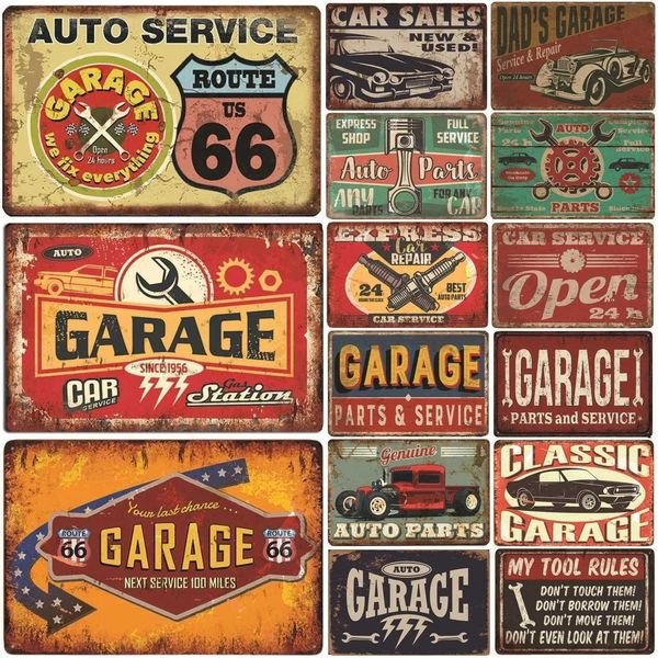 Highway 66 Car Metal Dad Garage Metal Tin Logo Poster Retro Tinplate Retro Grid Garage Man Cave Tire Shop Wall Art Decoration X241113