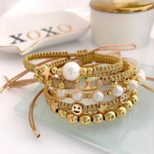 KKBEAD Handmade Braided Woven Pulseras Gold Color Thread Bracelets Natural Pearl Bracelet Smile Face Star Jewelry for Women 251008