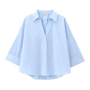 Autumn European and American Loose Collar Curled Wide Sleeve Cotton Blended Buckle Poplin Shirt 251114