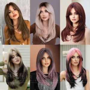 Women's Octagonal bangs wig, gradient long straight hair, full head set, high-quality natural layered wig