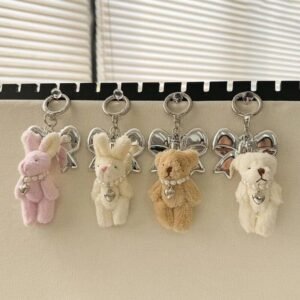 Plush Small Bear Pearl Chain Cute Doll Bag Charms Big Metal Bow Pendant Keychain Girl Heart Hanging Ornament Jewelry 26Y0723