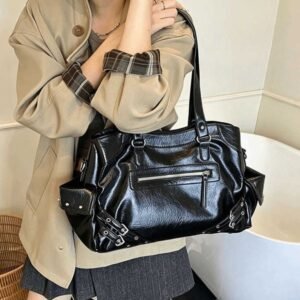 Capacity New Large PU Leather Tote Bag Soft Interior Y2K Style Motorcycle Bag Zipper Closure Handbag Women FashionT260718