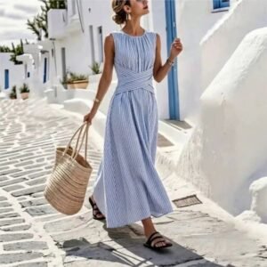 2026 Striped Vest Dress Round Neck Sleeveless Long Waist Beach Style Dresses For Women Maxi Robe Outfit 260729