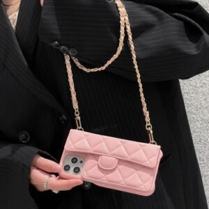Halloween Crossbody Designer Phone Case for Apple iPhone 18 17 Pro Max 16 Pro Luxury Pebbled Leather Diamond Pattern Chain Strap Wallet Card Holder Back Cover Pink