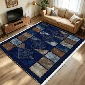 Blue Brown Vintage Diamond Tile Geometric Area Rug Non Slip Washable Traditional Living Room Floor Mat X260910