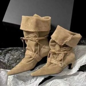 Autumn Faux Suede Weave Le-up Women Motorcye Boots Fashion High Heels elsea Western Mid-Calf Short Booties Shoes Q26810