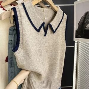 Womens knitted vest with a polo collar n contrast piping decoration soft versatile and easy to wear 260711