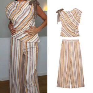 TFMLN Womens Stripe Printed Sets Chic Bow Decoration Sleeveless Irregular Top Wide Leg Pants Female Holiday Sets 2026 Summer 260717BJ