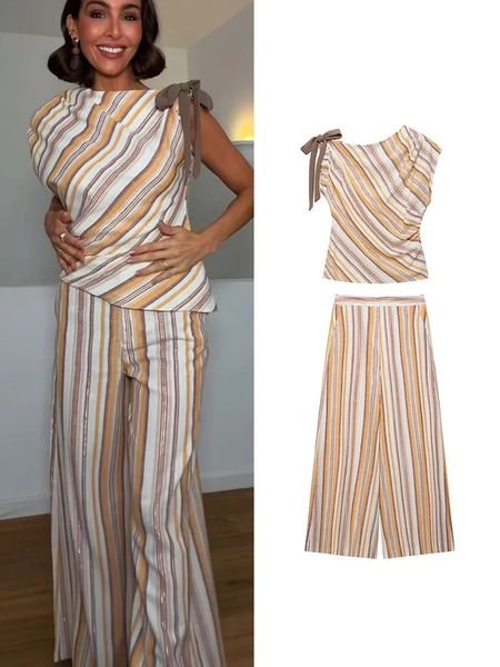 TFMLN Womens Stripe Printed Sets Chic Bow Decoration Sleeveless Irregular Top Wide Leg Pants Female Holiday Sets 2026 Summer 260717BJ