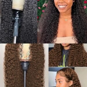 180Density Deep Wave Frontal Human Hair 13×4 Curly Front Wig Full Transparent HD Lace Synthetic Wigs 180 Density 99
