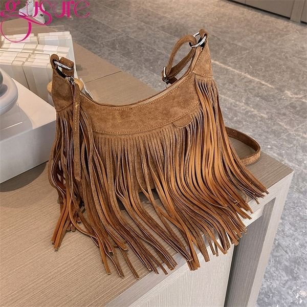 Gusure Vintage Tassel Crossbody Shoulder Bags Women Fashion Suede Small Handabg and Purse Female Armpit Hobos Bag250915ww