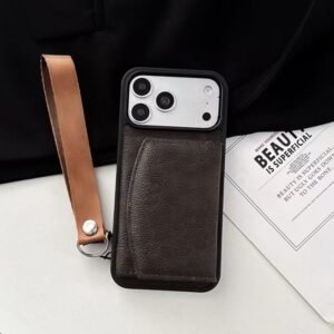 Halloween Tri-fold Wallet Designer Phone Case Card Holder for Apple iPhone 18 17 Pro Max Samsung Galaxy S26 Luxury Pebbled Leather Wrist Strap Coque Luxe Fundas Brown