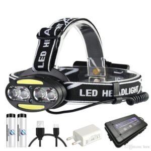 Super bright LED headlamp 4 x T6 + 2 x COB + 2 x Red LED 15000 lumens led headlight 7 lighting modes with batteries charger